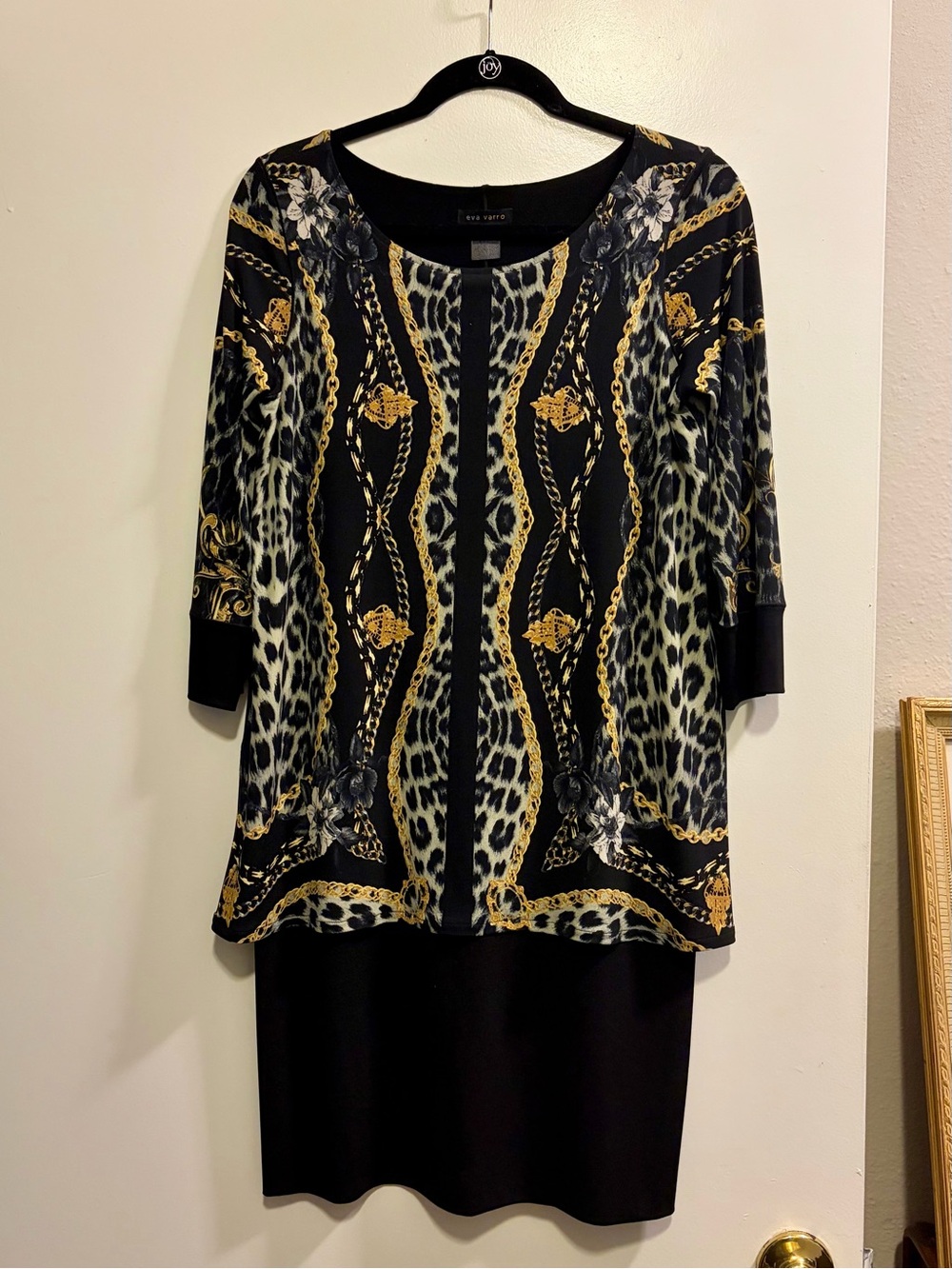 eva varro Black and Gold Chain & Leopard-Print Long Sleeve Dress